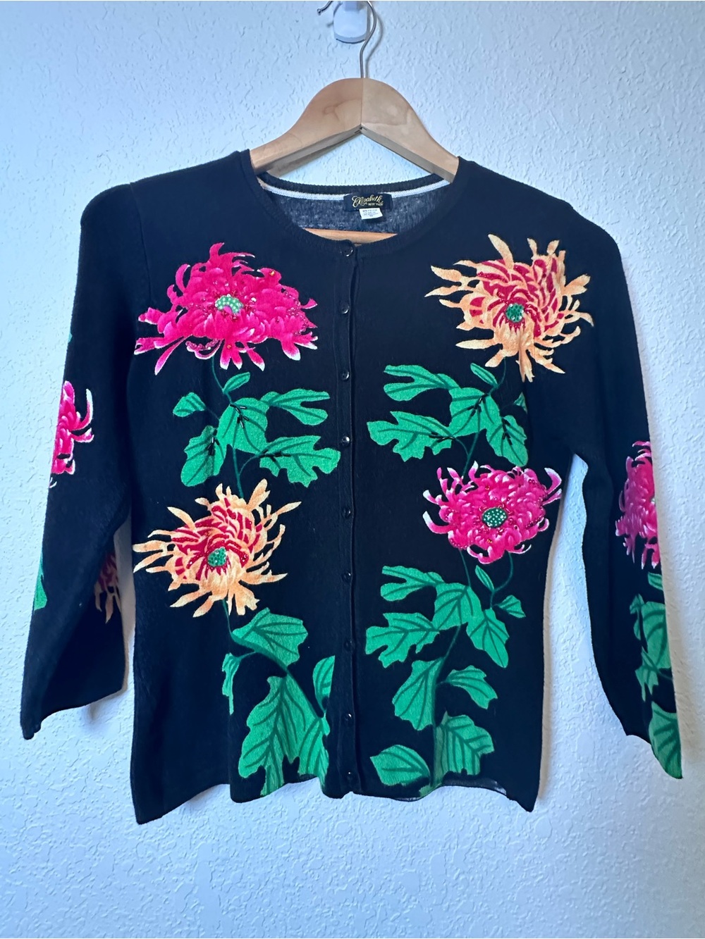 Floral Beaded Black Button-Front Sweater